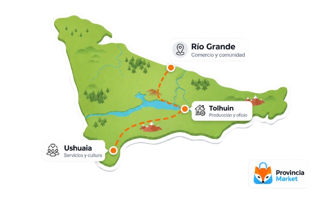 Mapa ilustrado de Tierra del Fuego conectando Río Grande, Tolhuin y Ushuaia a través de Provincia Market